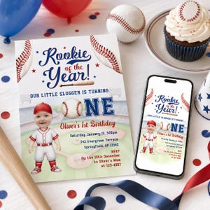 Rookie Of The Year Invite with photo, Baseball First 1st Birthday Invitation sport sluggers Bday evite electronic digital animated