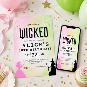 Invitación a fiesta de cumpleaños de Wicked, fiesta rosa y verde, entrada digital para la película Wicked, invitación a la película Wicked