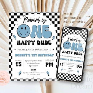 編集可能な One Happy Dude 誕生日招待状テンプレート、青黒のレトロなスマイリーフェイス、One Happy Dude 初めての誕生日招待状 1 歳の誕生日 Canva テンプレート