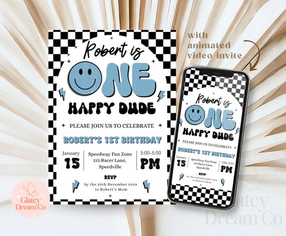 EDITABLE One Happy Dude Birthday Invite Template, Blue Black retro smiley face, One Happy Dude First bday Invitation 1st bday Canva Template