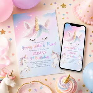 May include: A rectangular birthday invitation card and a smartphone displaying the same design, featuring a pastel unicorn illustration, stars, and the text: You are invited Young, Wild & Three! Emma's 3rd Birthday, Saturday, October 18th, 2-5 PM.