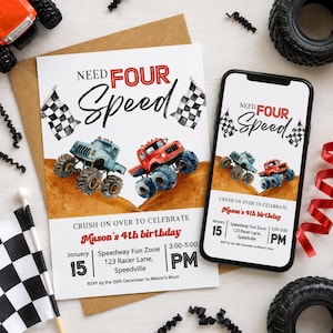 a birthday party invitation for a 4th birthday celebration, with a focus on monster trucks. The invitation includes details about the event, such as the date, time, location, and RSVP information. There are also various party items and decorations, such as a checkered flag, a toy car, and a tire, scattered around the invitation.