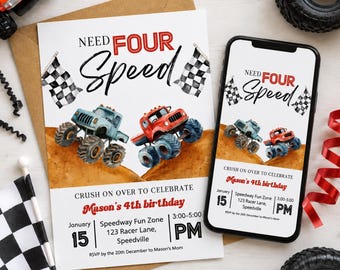 EDITABLE Editable Monster Truck Invitation and Animated Video Invite, Need four speed for Boys 4th Birthday Digital Party Template printable
