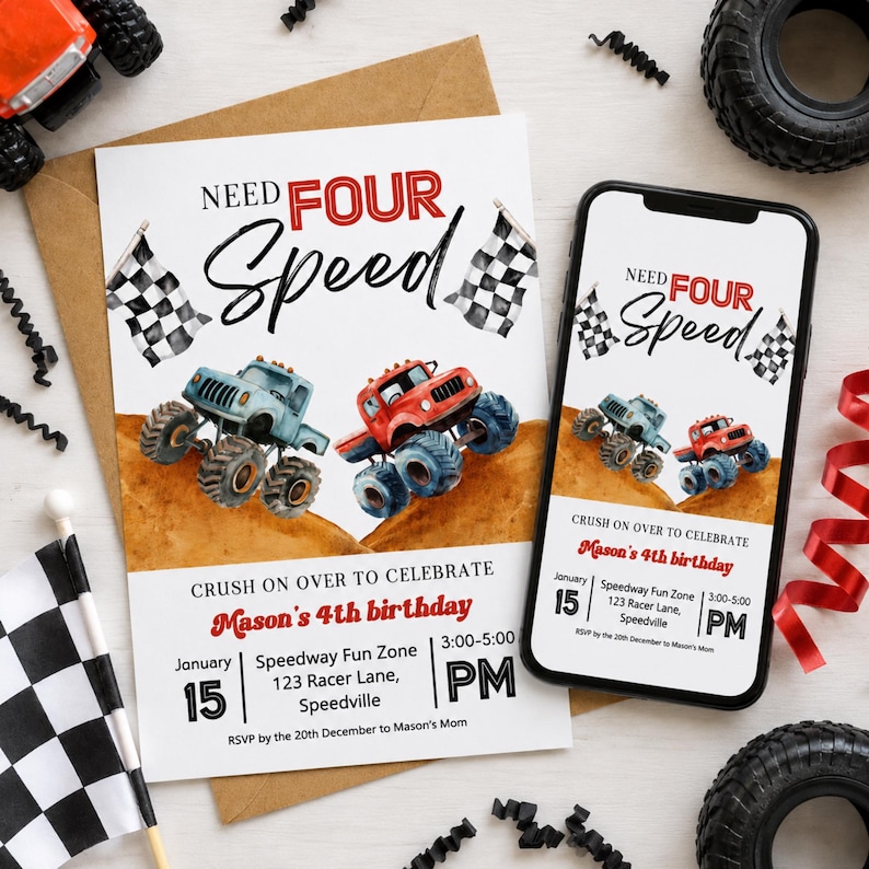 a birthday party invitation for a 4th birthday celebration, with a focus on monster trucks. The invitation includes details about the event, such as the date, time, location, and RSVP information. There are also various party items and decorations, such as a checkered flag, a toy car, and a tire, scattered around the invitation.