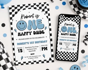 One Happy Dude Birthday Invite Template, Blue Black retro smiley face, One Happy Dude First bday Invitation 1st bday Canva Template