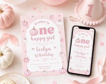 EDITABLE Our little pumpkin, one happy girl, pink cute sweet baby girl 1st birthday invitation, fall autumn october sept evite