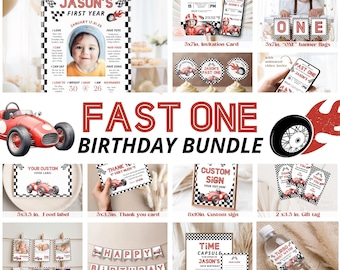 Racing Car Birthday Bundle Boy, Editable Fast One Party Invite Pack, Photo Personalized, Welcome Sign Thank You Card Milestone Board Canva