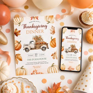Thanksgiving Dinner Editable Invitation, Vintage Truck Pumpkin Fall Printable Invite, Rustic Autumn Digital Template, Animated Video Card