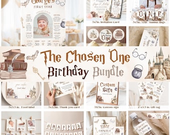 Wizard Birthday Bundle, Editable Magic School Party Invite Pack, The Chosen One Fantasy Canva Template, Printable Wizardry 1st Bday Set