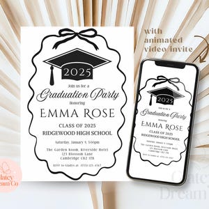EDITABLE Black Bow Graduation Invitation - Elegant Coquette Grad Party Invite - Class of 2025 Template - Printable Digital Download