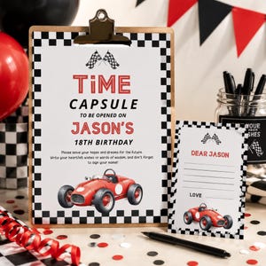 Racing Car Time Capsule,  custom personalized Note, Fast one Boy 1st Birthday decor, Red Vintage Race Party, Race On Over #RCR25F1