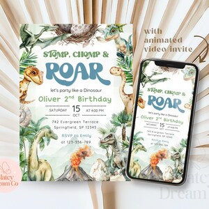 Dinosaur Birthday Invitation: Stomp, Chomp, Roar (Editable Canva Template, Digital Download) image 3
