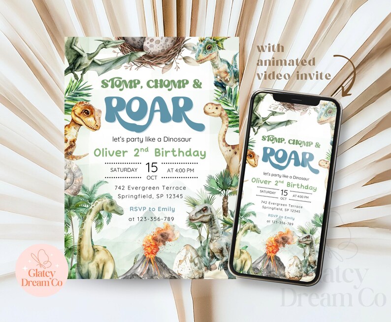 Dinosaur Birthday Invitation: Stomp, Chomp, Roar (Editable Canva Template, Digital Download) image 3