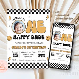 Convite de aniversário EDITÁVEL One Happy Dude | Convite de primeiro aniversário de menino | Convite de aniversário | Rosto sorridente | Convite para impressão | Festa infantil