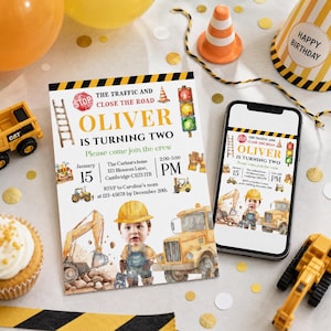 Construction Birthday boy party Invitation ANY AGE with custom photo video invite digital download printable canva