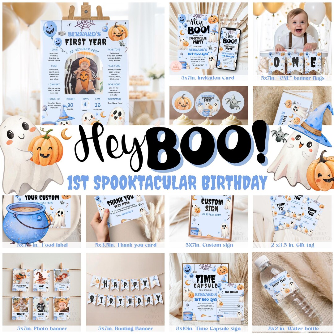 EDITABLE Hey Boo Halloween 1st Birthday BUNDLE Blue Spooktacular Boo ...