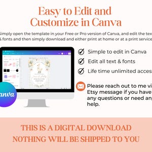 Puede incluir: Una pantalla de ordenador que muestra una plantilla digital para una invitaci&oacute;n de baby shower en Canva. La plantilla presenta un esquema de color rosa y blanco con una linda ilustraci&oacute;n de un conejito. El texto en la pantalla dice "Simple de editar en Canva", "Editar todo el texto y las fuentes", y "Acceso ilimitado de por vida". El texto debajo de la imagen dice "Esta es una descarga digital. No se enviar&aacute; nada a usted."