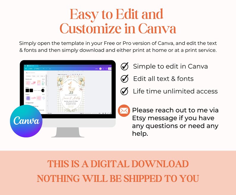 Puede incluir: Una pantalla de ordenador que muestra una plantilla digital para una invitaci&oacute;n de baby shower en Canva. La plantilla presenta un esquema de color rosa y blanco con una linda ilustraci&oacute;n de un conejito. El texto en la pantalla dice "Simple de editar en Canva", "Editar todo el texto y las fuentes", y "Acceso ilimitado de por vida". El texto debajo de la imagen dice "Esta es una descarga digital. No se enviar&aacute; nada a usted."