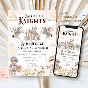 BEWERKBARE Knights Dragon Castle Elke leeftijd feestvarken Uitnodiging geanimeerde digitale uitnodiging fantasie Canva-sjabloon afdrukbare Instant download
