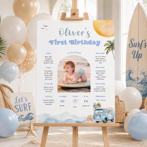 Big One First Birthday Milestone Board, Printable Surf Beach Boy Party Poster