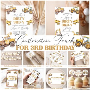 Könnte beinhalten: Ein Geburtstags-Party-Set zum Thema Baustelle mit gelben Lastwagen, Baggern und Kipplastern. Enthält Einladungen, eine Wimpelkette, Wasserflaschenetiketten, Geschenkanhänger, Dankeskarten, individuelle Schilder und Cupcake-Topper mit Goldtext.