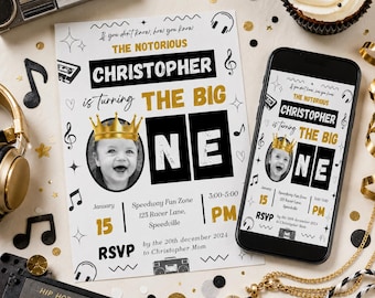 Notorious One, Animated video First Bday Invite, Hip Hop Birthday Invitation, Biggie Small 1St Birthday, Black And White printable