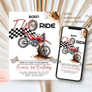 Invitación editable de cumpleaños con temática de motocross, invitación imprimible para tercer cumpleaños de niño con temática de motocross, plantilla digital de pista de carreras, tarjeta de video animada. imagen 3