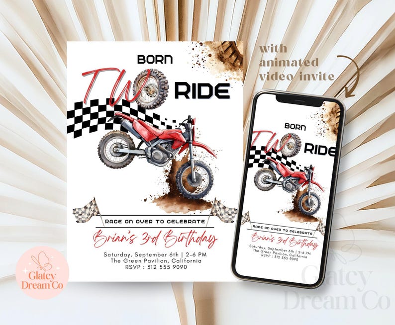 Invitación editable de cumpleaños con temática de motocross, invitación imprimible para tercer cumpleaños de niño con temática de motocross, plantilla digital de pista de carreras, tarjeta de video animada. imagen 3
