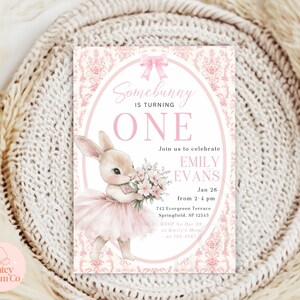 EDITABLE Grandmillennial Somebunny Is Turning One digital animated invitation, Bunny First Birthday Invite, pink Floral Rabbit 1st #25GSBWP1 image 5