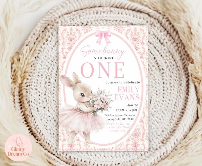 EDITABLE Grandmillennial Somebunny Is Turning One digital animated invitation, Bunny First Birthday Invite, pink Floral Rabbit 1st #25GSBWP1 image 5