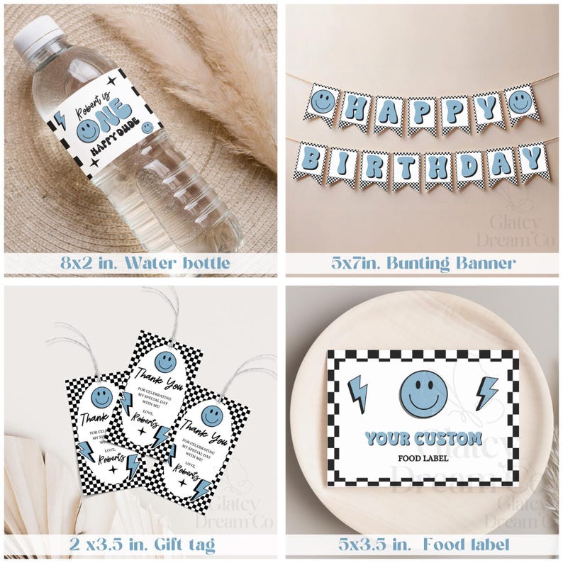 One Happy Dude Blue Black retro smiley face Party Decorations BUNDLE First 1st Birthday One Happy Dude Boy Birthday Package image 5