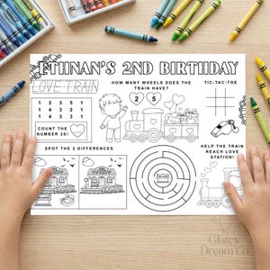 Personalized Love Train Birthday Activity Placemat, Custom Name Kids Coloring Page, Toddler Party Printable Mat, Editable PDF Download