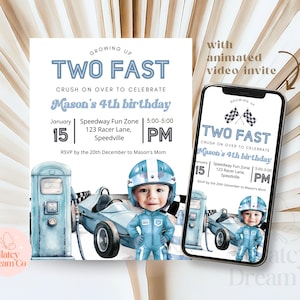 BEWERKBAAR Opgroeien TWEE snelle race blauwe auto-uitnodiging voor babyjongen 2e tweede verjaardag, foto gepersonaliseerde en geanimeerde video-evite