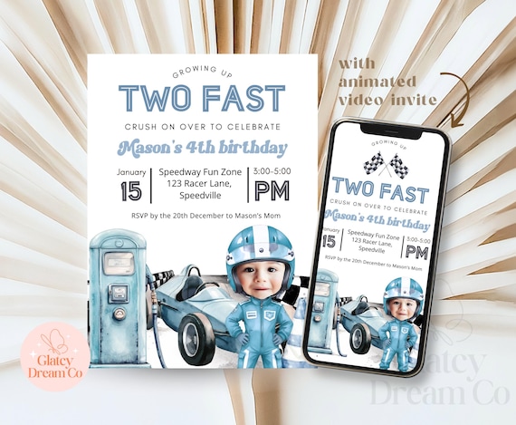 Growing up TWO fast racing blue car invitation for baby boy 2nd second birthday, photo personalized and  animated video evite