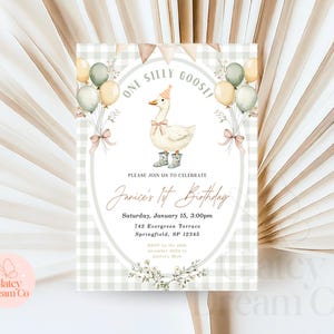 Puede incluir: Una invitaci&oacute;n con estampado de vichy blanco y verde con una ilustraci&oacute;n de acuarela de un ganso con botas. El texto dice "One Silly Goose!" y "Janice's 1st Birthday".