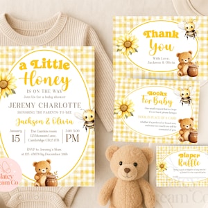 MODIFIABLE Un peu de miel est sur le chemin, invitation de lot de baby shower d'abeille d'ours, carte de bébé de livres de tombola de couches de printemps de tournesol de partie de remerciement