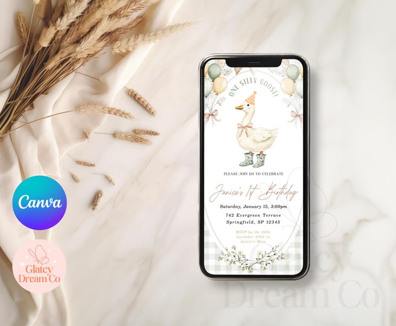 Puede incluir: Una invitaci&oacute;n digital para una fiesta de primer cumplea&ntilde;os con un lindo dibujo animado de un ganso con un gorro de fiesta y botas. La invitaci&oacute;n tiene un fondo de cuadros vichy blanco y verde con un borde floral. El texto de la invitaci&oacute;n dice "One Silly Goose!" y "Janice's 1st Birthday".