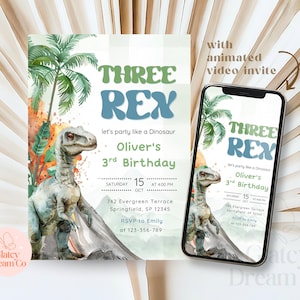 Invitación editable de 3.er cumpleaños de dinosaurio T-rex para niño, fiesta de dinosaurios, invitación digital imprimible, plantilla Canva, descarga instantánea