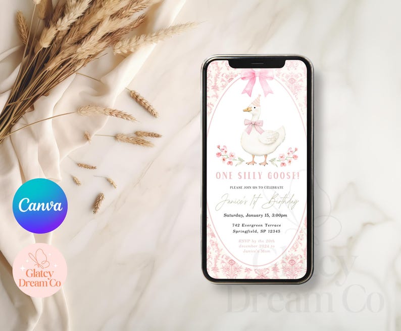 EDITABLE One Silly Goose First Birthday pink Invitation for baby girl Animated Video Bday Party, Silly Goose Invite Digital 1st Birthday image 5