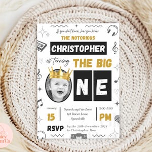 EDITABLE Notorious One, Animated video First Bday Invite, Hip Hop Birthday Invitation, Biggie Small 1St Birthday, Black And White printable image 3