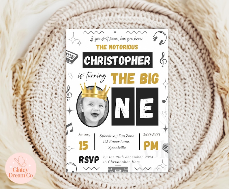 EDITABLE Notorious One, Animated video First Bday Invite, Hip Hop Birthday Invitation, Biggie Small 1St Birthday, Black And White printable image 3