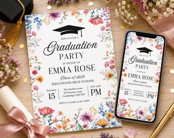 Floral Graduation Invitation, Wildflower Grad Party Invite, Class of 2026 high school college Graduation evite animated video