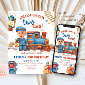 May include: A digital invitation for a second birthday party. The design features a watercolor illustration of a train, a conductor, and the text "Chugga Chugga two two!" The invitation includes the party details and a phone displaying the animated video invite.