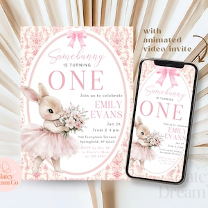 Invito digitale animato MODIFICABILE Grandmillennial Somebunny Is Turning One, invito per il primo compleanno di Bunny, invito per il primo compleanno di una bambina con fiori rosa
