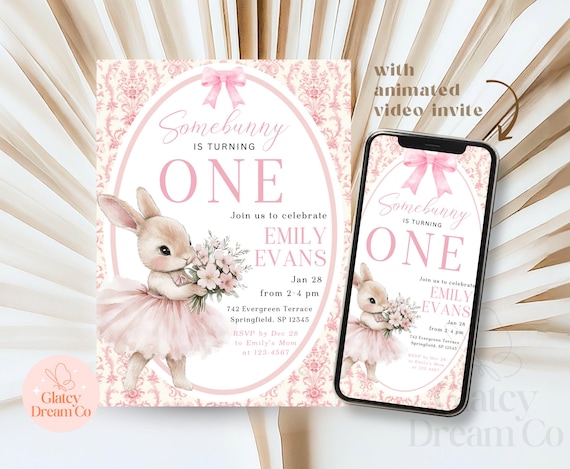 EDITABLE Grandmillennial Somebunny Is Turning One digital animated invitation, Bunny First Birthday Invite, pink Floral Rabbit 1st #25GSBWP1