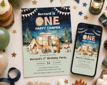Eén Happy Camper-uitnodiging | Uitnodiging Happy Camper jongen | Jongen Happy Camper 1e verjaardag | Digitale download | Eerste verjaardagsuitnodiging