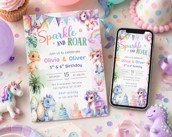 Unicorn Dinosaur Joint Birthday Invitation: Siblings Party (Canva Template Digital Download)