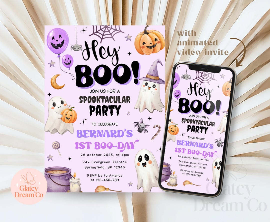 EDITABLE Hey Boo Halloween 1st Birthday Purple Spooktacular Boo-thday ...