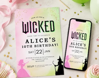 EDITABLE Wicked Birthday Party Invitation, Pink And Green Party, Digital Wicked Party Movie Ticket, Wicked Movie Ticket Invitation