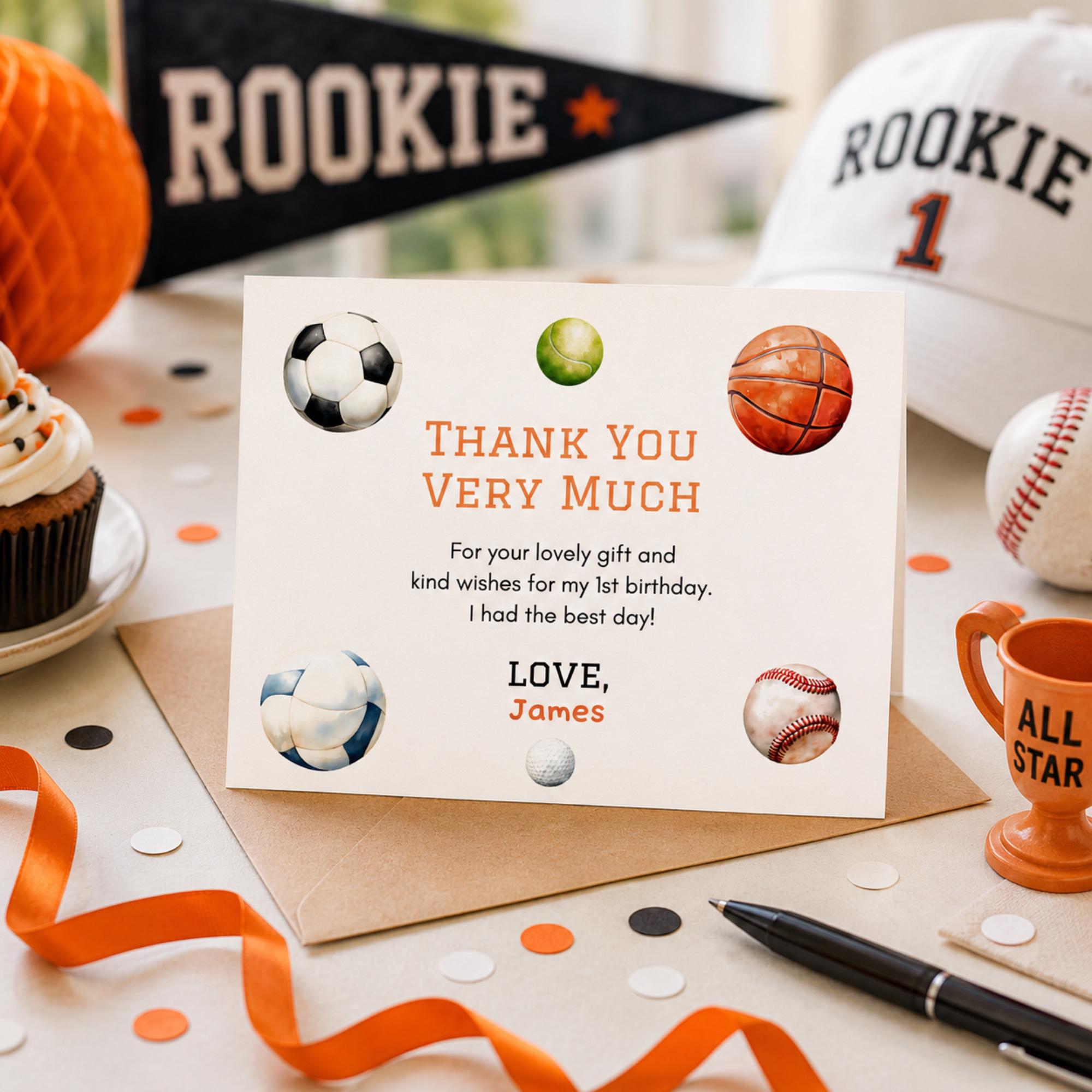 EDITABLE Sports Birthday Thank You Card, Personalized Kids Party Favor ...